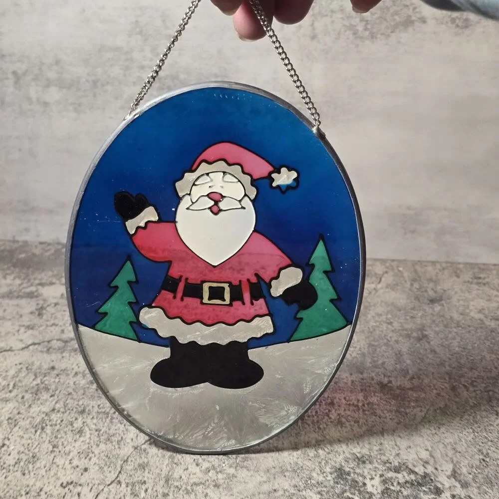 Vtg Santa Claus Stained Glass Hanging Oval Sun Catcher Christmas Decoration 7